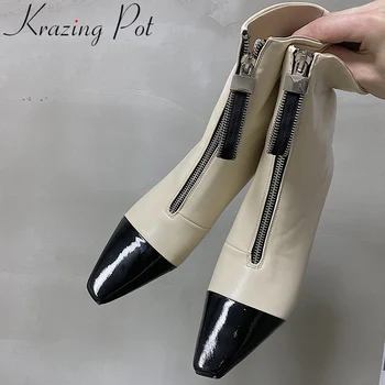 

Krazing pot 2020 comfortable microfiber square toe work boots mixed colors superstar winter shoes zipper elegant ankle boots L17