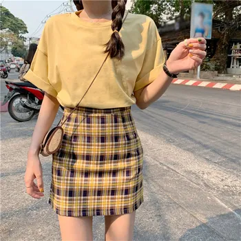 

Fashion High Waist Skirts Womens Slim Temperament A Line Skirt Simple Style New Stitching Color Emprie Plaid Skirts W3
