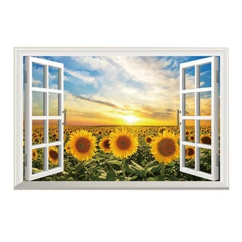 

3D Sunflower Fake Windows Wall Stickers Landscape Faux Windows Wall Decal Removable Wall Decor For Livingroom bedroom (sunflower
