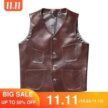 

2020 Dark Brown Short Japan Style Casual Leather Vest Men Plus Size 4XL Genuine Cowhide Spring Slim Fit Leather Vest