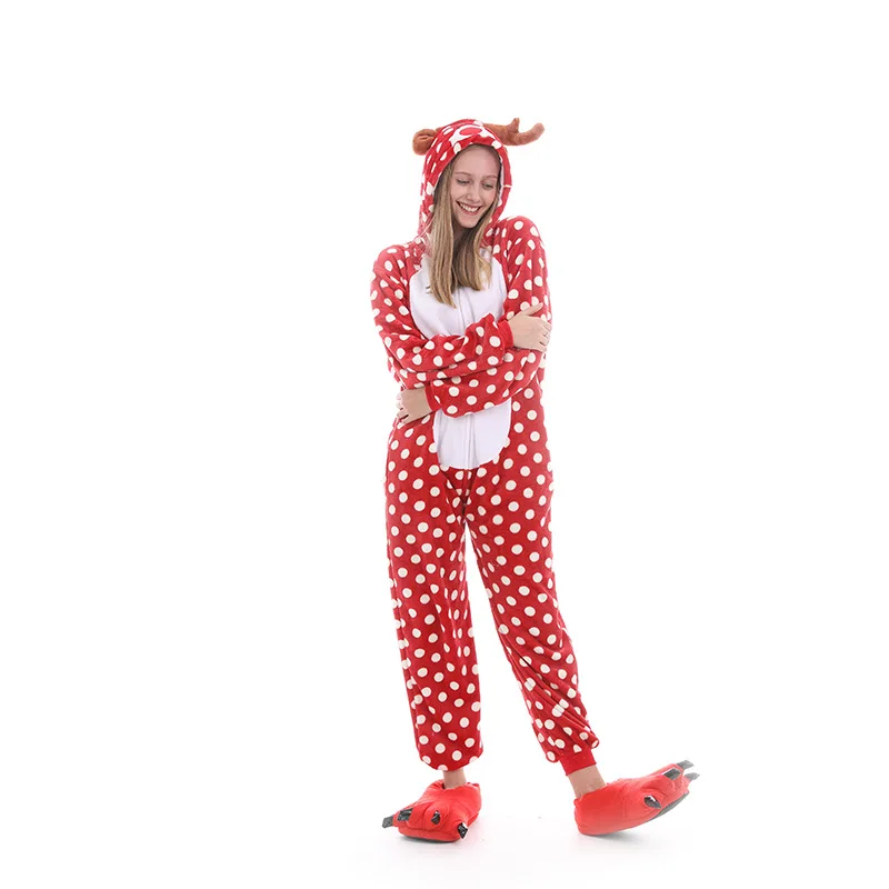 Christmas deer Набор пижам в виде животных для взрослых, женщин, мужчин, косплей, кигуруми, единорог, пижама totoro Panda Stitch, комбинезон, зимняя теплая одежда для сна - Цвет: Christmas deer