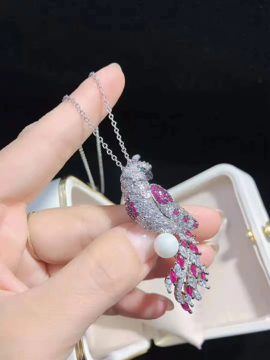 New Women's White Shell Pearl Golden Plated Mixed Color CZ Micro Parrot Brooch