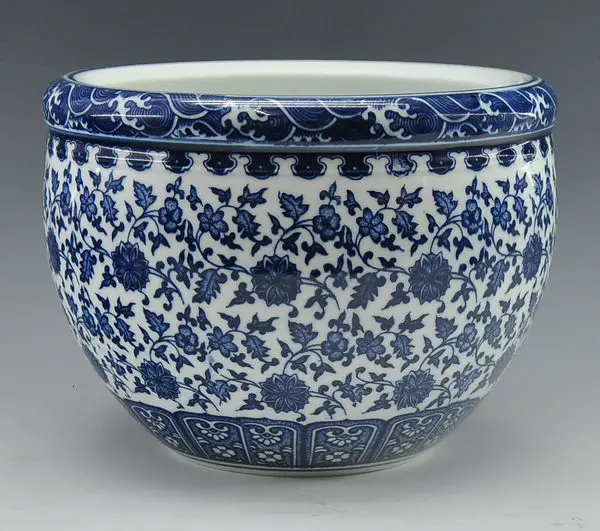 Китайский антикварный Qing Qianlong Mark синий и белый фарфор керамическая рыбка чаша цветочный горшок - Color: White