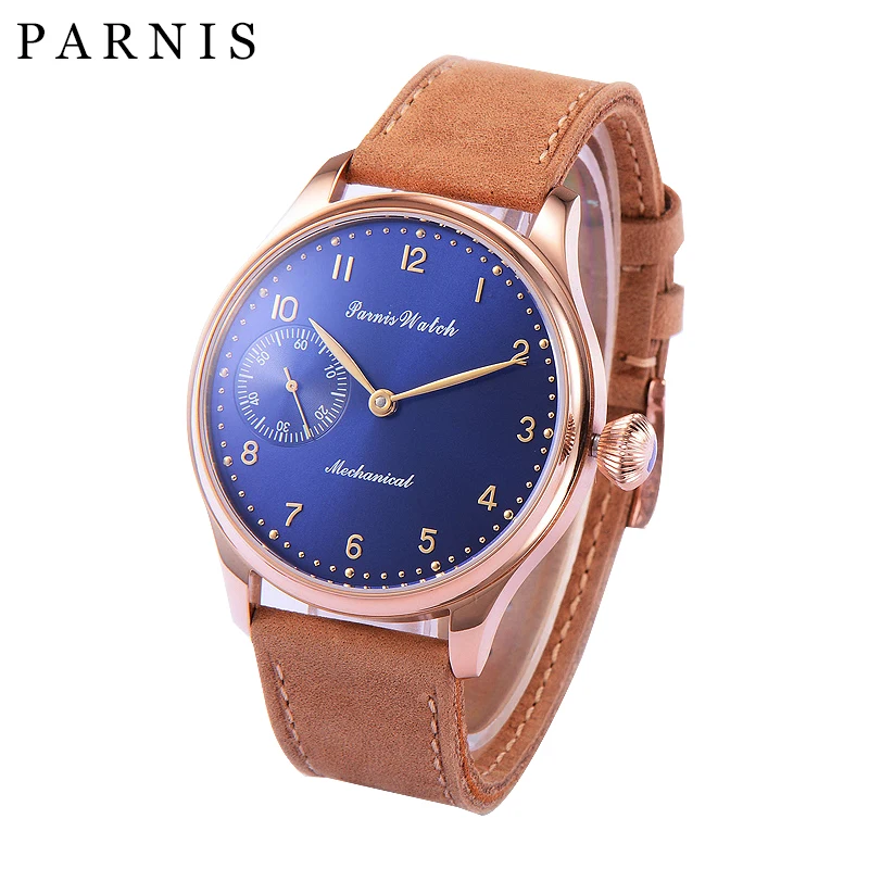 

Fashion Parnis 44mm Blue Dial Mechanical Hand Wind Men's Watches Leather Band Hand Winding Stainless Steel Case Men Watch Clock