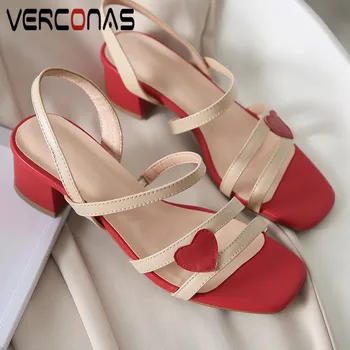 

VERCONAS 2020 Fashion Woman Pumps Genuine Leather Summer Classic Design Woman Sandals Square Toe Square High Heeled Shoes Woman