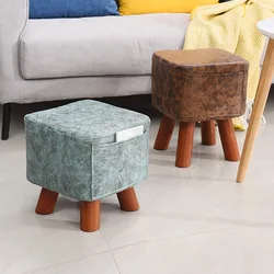 Madera taburete bajo Taburete nórdico de lujo para sala de estar Zapato cambiando taburetes Bajo taburetes para la habitación Muebles para el hogar Taburete de descanso de terciopelo de piel para niños