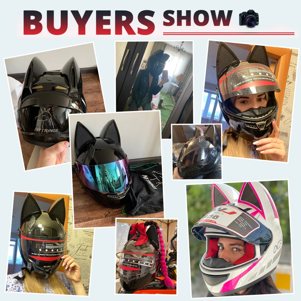 フルフェイス　黒　NITRINOS 猫耳 猫の耳フルフェイスバイクヘルメット黄色 女性用ファッショ