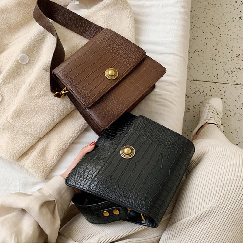

Trapezoid Crocodile Pattern Shoulder Bags for Woman 2019 Casual Alligator Crossbody Bag Ladies PU Wide Strap Messenger Bag Purse