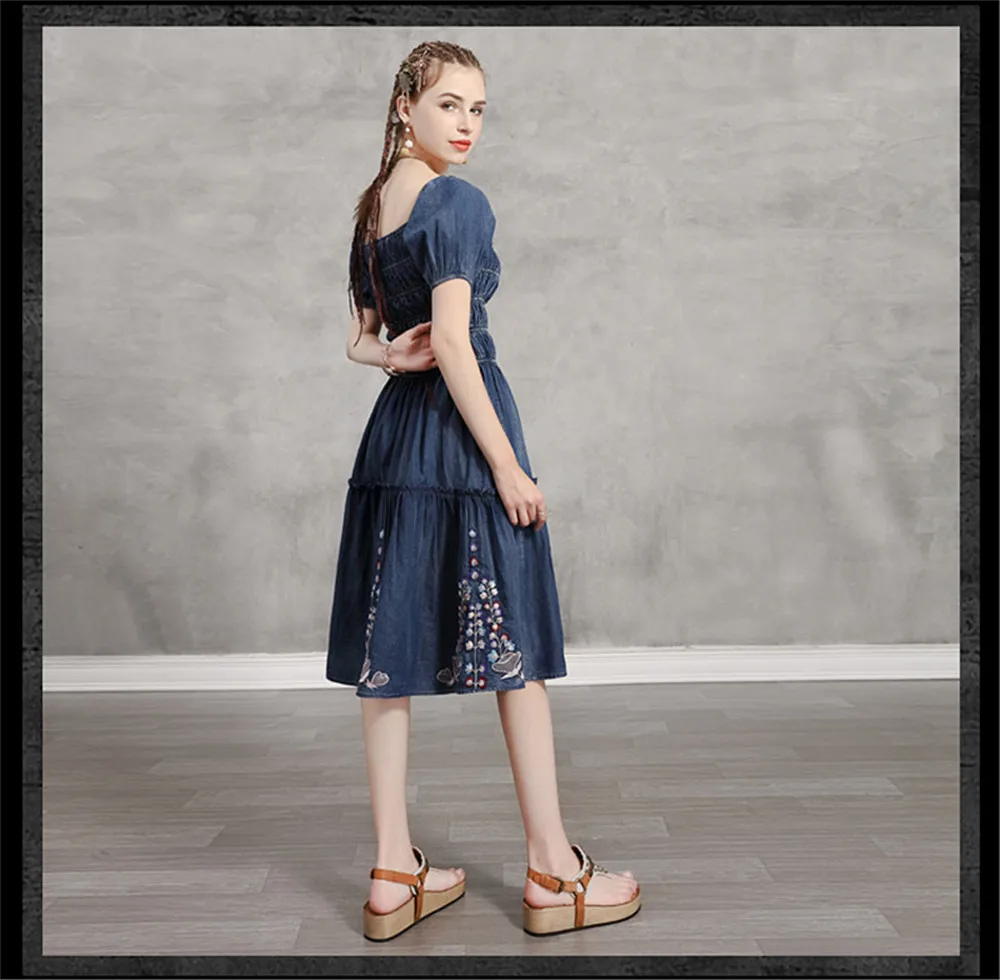 Summer Denim Dress 2020 Vintage Women Square Collar Dresses Short Sleeve Embroidery Elastic Waist Vestidos K82237 Girl's DRESS (16)