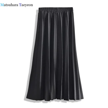 

2020 Spring summer High Waist Women Long Skirt Pleated Skirt Elastic Waist Black lady Office Causal Midi Skirts