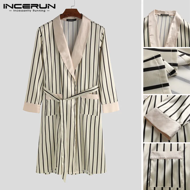 2020 Men Robes Casual Kimono Fashion Bathrobes Long Sleeve Nightgown