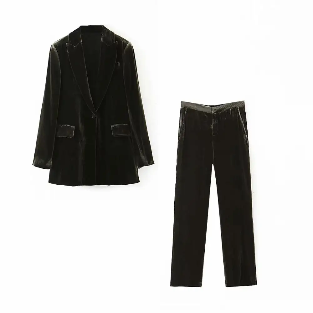 coat and pants ZA женские повседневные Костюмы Блейзер-набор бархатный карман полный рукав Топ и свободные брюки стильные офисные женские пальто женские костюмы - Цвет: coat and pants