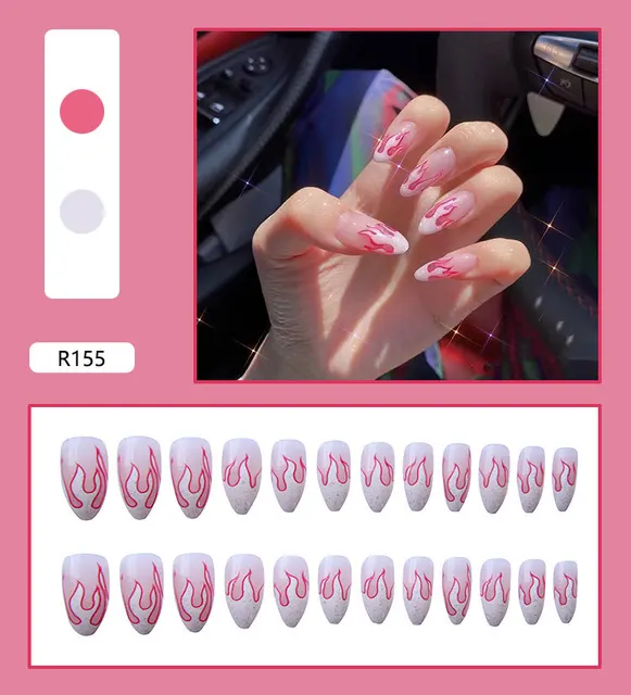 24 Sheet/Set Cute Face Fake False Nail Tips Grid Round Full Cover Glue Manicure Makeup New Design Pure Art Nail Stickers R155