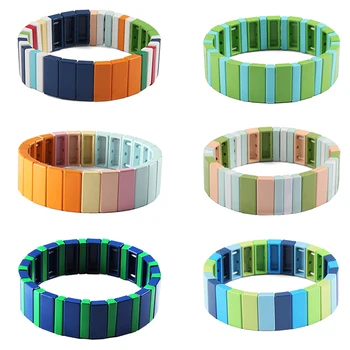 

Rainbow Colorful Enamel Tile Bracelet Stackable Square Combo Tila Beads Bracelets Elastic Stretch Bracelet for Women Girl Gift