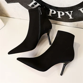 

2020 Women Fashion 8cm High Heels Pumps Pointed Toe Silk Ankle Boots Sexy Nightclub Chelsea Boots Zip Shoes Fetish Low Heels