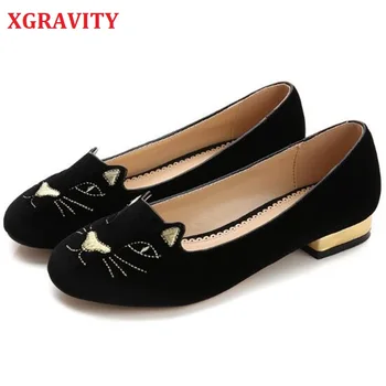 

XGRAVITY Cute Cat Design Women Flats Round Toe Flat Shoes Woman Loafers Black Blue Zapatillas Mujer Slip On Casual Ladies Shoes