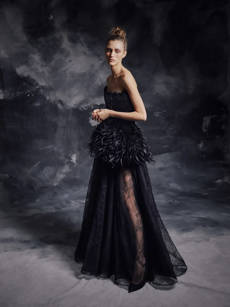 Роскошное черное перьевое выпускное платье трапециевидной формы без бретелей Кружевная аппликация Ткань вечерние платья