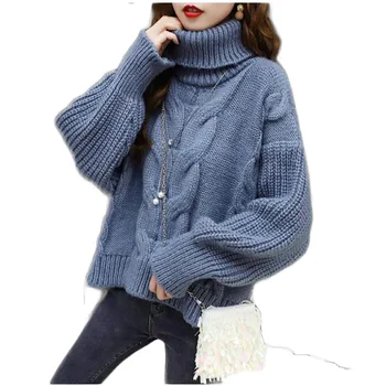 

2019 Autumn warm Female Knitted Loose Pullovers and Sweaters Turtle Neck Long Sleeve Plus Size Women Pull Jumper Ladies Tops