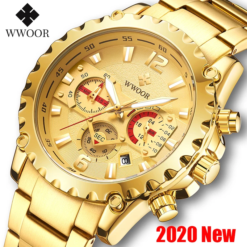 WWOOR роскошные золотые часы для мужчин s 2020 спортивный хронограф кварцевые наручные Дата водонепроницаемые