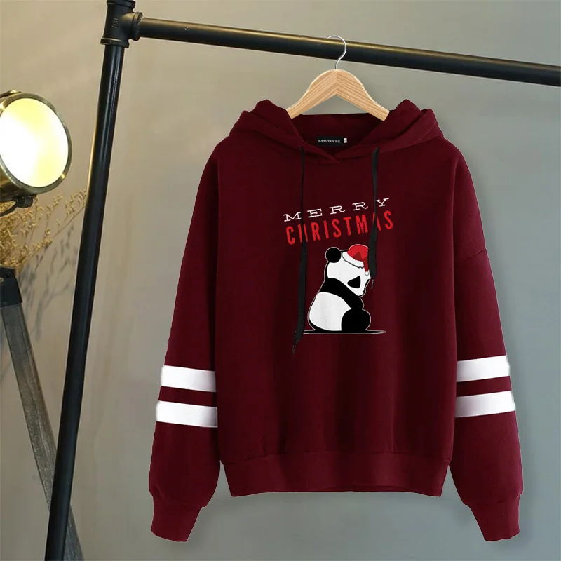 Merry Christmas Panda Girl толстовка с капюшоном Kawaii Женская Полосатая Толстовка с длинным рукавом Женские Пуловеры Топы