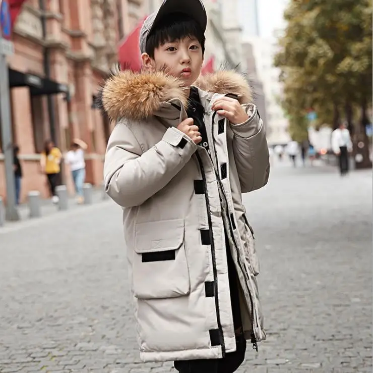 Пуховик в Корейском стиле длинное теплое пальто из толстого хлопка для мальчиков зимнее плотное пальто с меховым воротником для маленьких мальчиков