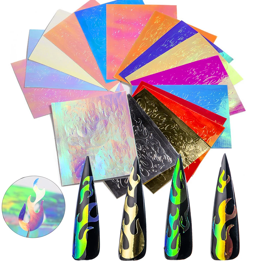

16Pcs/set Laser Sticker Decals Rainbow Flame Design Christmas Magic Shining Sequin Manicure Art Decoration Accessoires