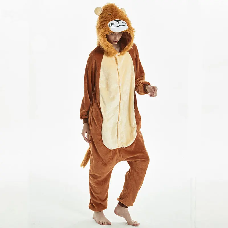 Animal-Lion-Kigurumi-Onesie-Cartoon-Soft-Flannel-Pajama-Overalls-Kids-Adult-Sleepwear-Winter-Warm-Jumpsuit-Hooded