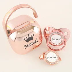 Boîte à sucettes et Clips pour bébé, luxe, personnalisé à tous les noms, Rose or scintillant, ensemble de sucette sans BPA, sucette factice, cadeau de douche Unique 