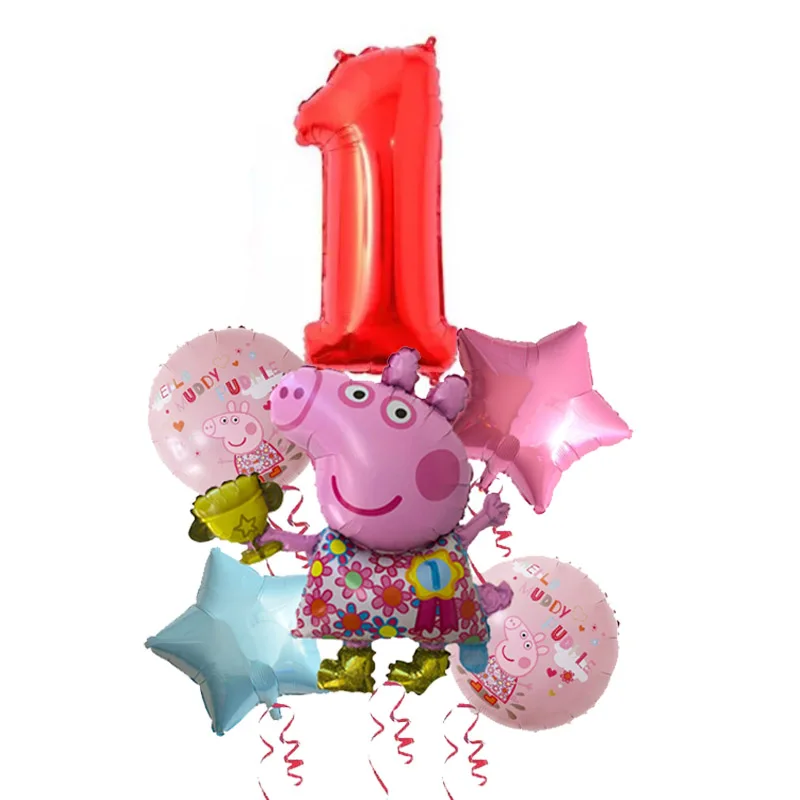 6pcs Cartoon Peppa Pig Foil Balloons 32inch red 0-9 Baby Boy Girl Helium Globos Happy Birthday Party Room Decorations Kids Toys