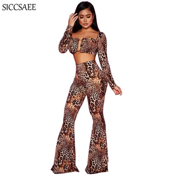 

Leopard Printed Two Piece Set Cut Out Ruched Ruffles Crop Top Bell Bottom Pants 2020 Spring Sexy Club Plus Size Clothing Suits