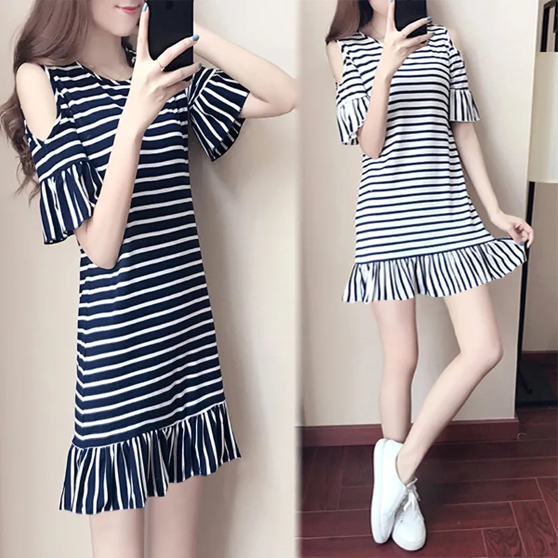 

2019 Flounced Sleeves Stripes Mid-length Dress Half-sleeve Shirt Versatile Blouse Pullover Spring And Summer Short Sleeve