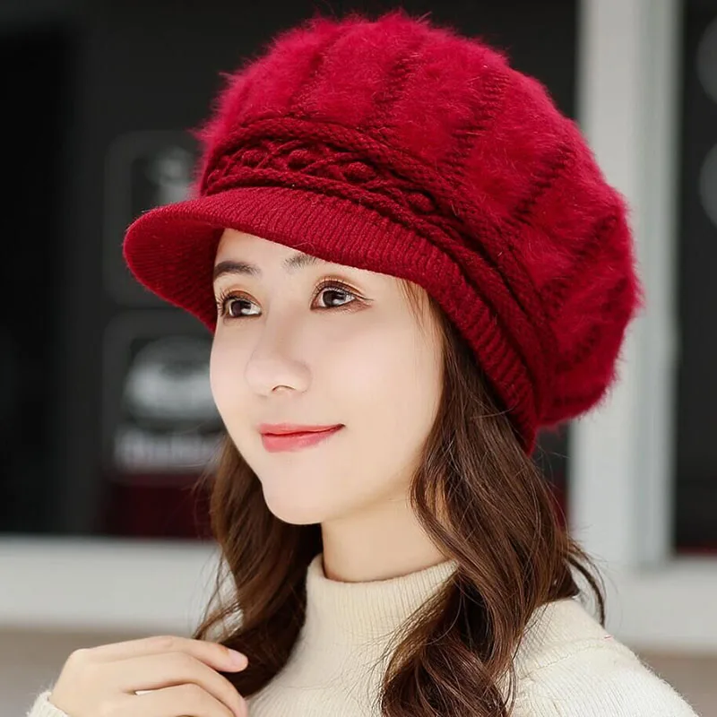 Hat HANGYUNXUANHAO, Модный берет для женщин, зимняя теплая шапка, меховые береты из искусственного кролика, головные уборы для женщин, вязаная шапка
