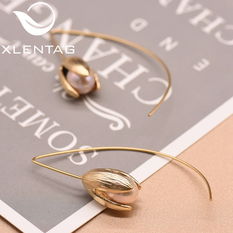 XlentAg натуральный пресноводный жемчуг тюльпан цветок висячие серьги стерлингового серебра 925 Висячие серьги kolczyki Damskie ручной работы GE0100
