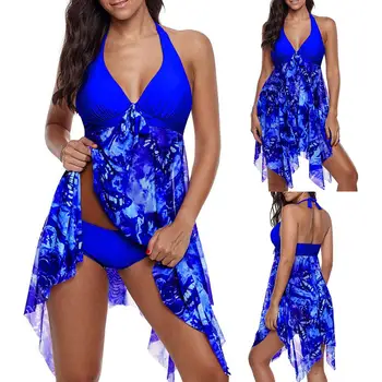 

2Pcs Flower Print Halter Backless Women Swimdress Briefs Plus Size Tankini Set Swimdress Briefs Plus Size Tankini Set Women