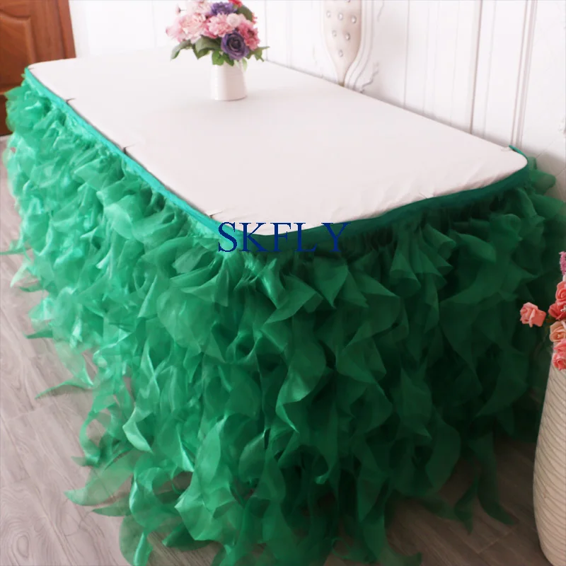 SK010D gorgeous new color made wedding dark green organza curly willow table skirt with velcro