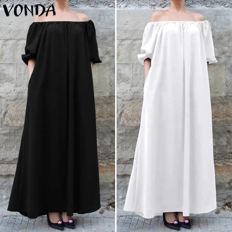 VONDA, женские длинные платья, повседневные, одноцветные, вечерние платья размера плюс, летние, праздничные, пляжные, Vestidos, сексуальные, с открытыми плечами, сарафан