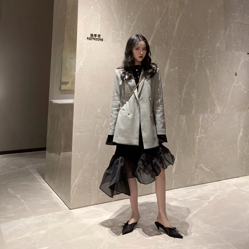 Elegant Hong Kong Style Retro Plaid Long Sleeve Suit Jacket Women's New Style Autumn Fashion Loose Leisure Suit Fashion