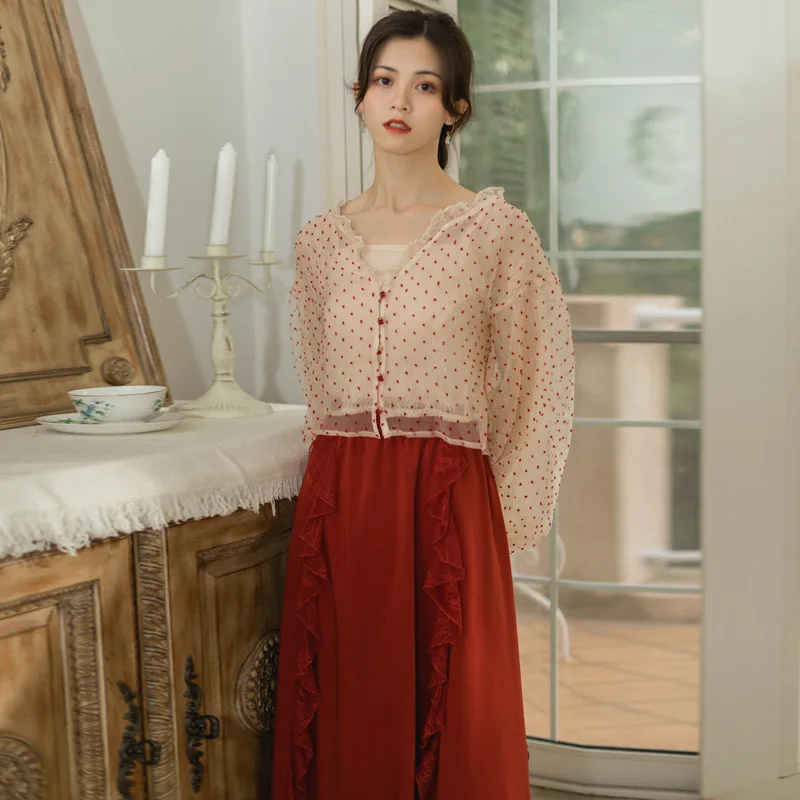

Polka Dot Bubble Long Sleeve Lace Upper Garment Send Camisole + Crimson Retro Elastic Waist Irregular Mid-length Skirt