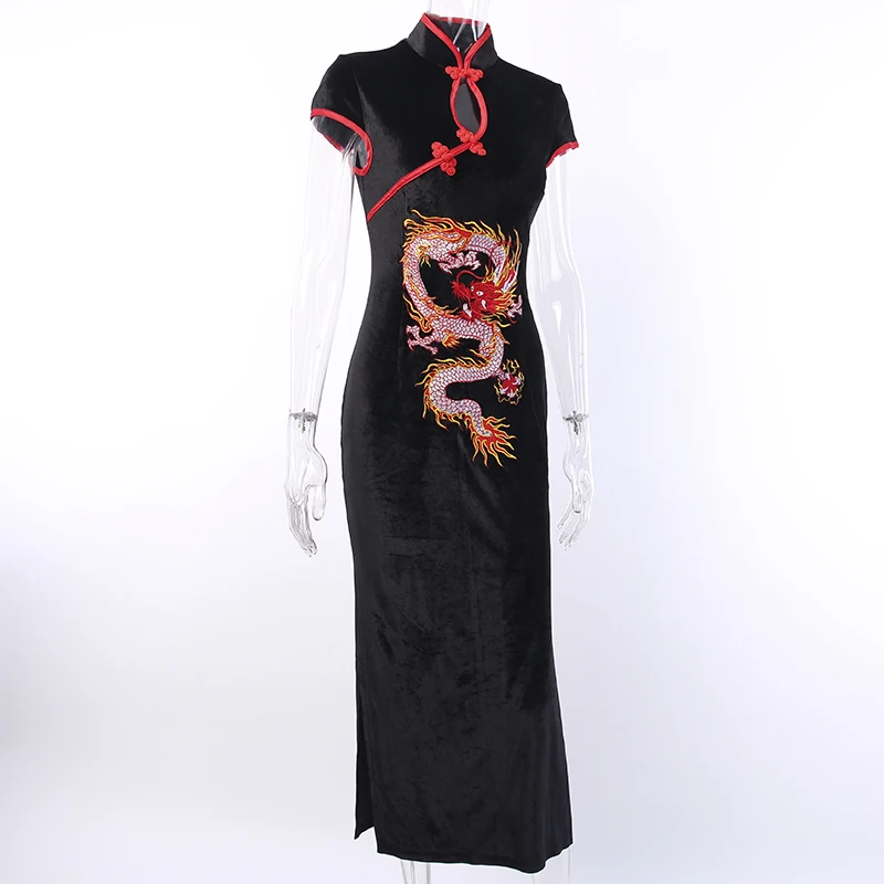 InsGoth, облегающее длинное платье, женское, готический дракон, вышивка, Cheongsam, винтажное, черное, макси платье, женское, элегантное, вечерние, сексуальное платье