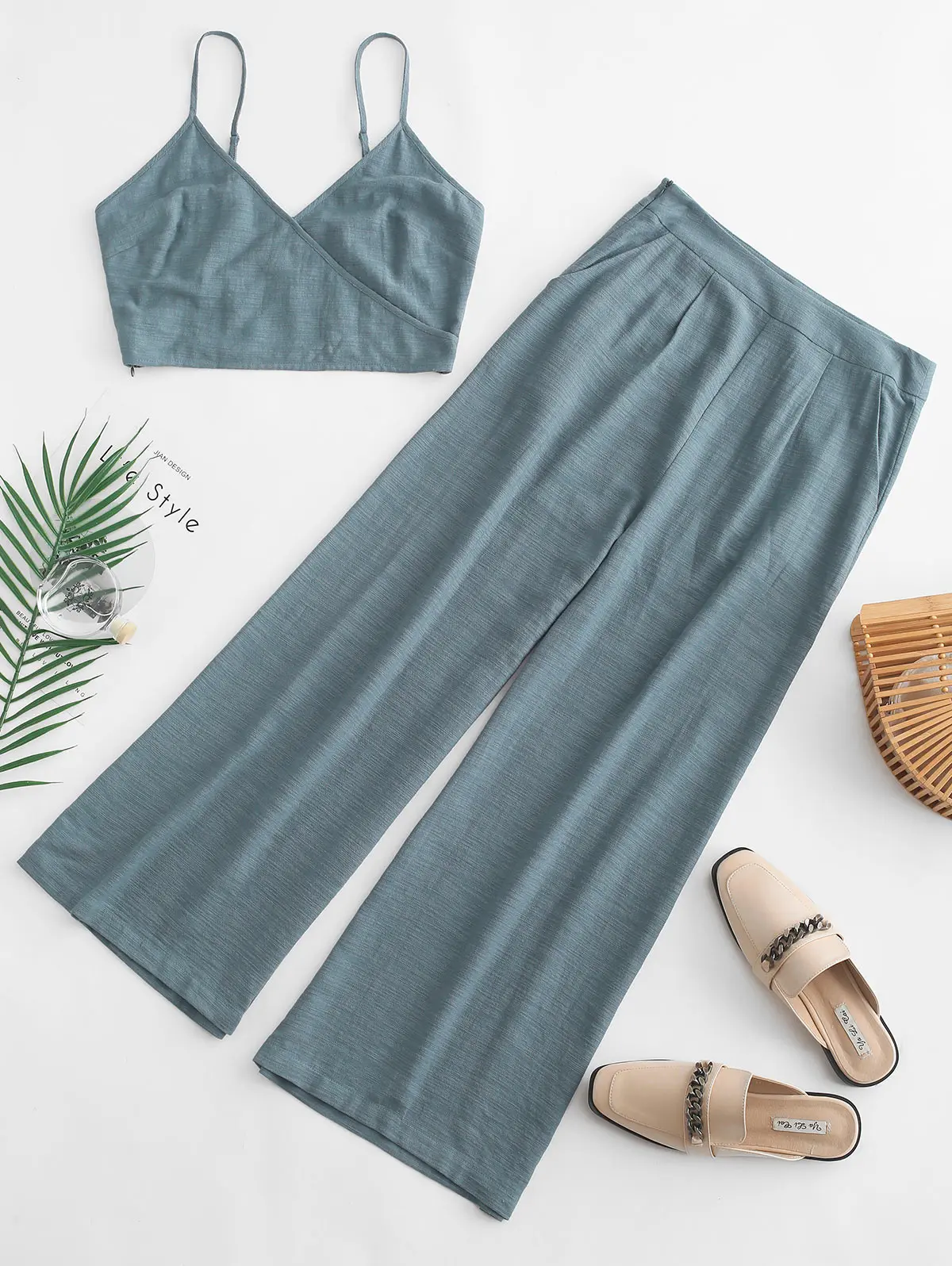 ZAFUL Cami Pocket Straight Pants набор для женщин на бретелях укороченный топ из двух частей наряды прямые короткие Twinset на молнии с высокой талией комплект брюк