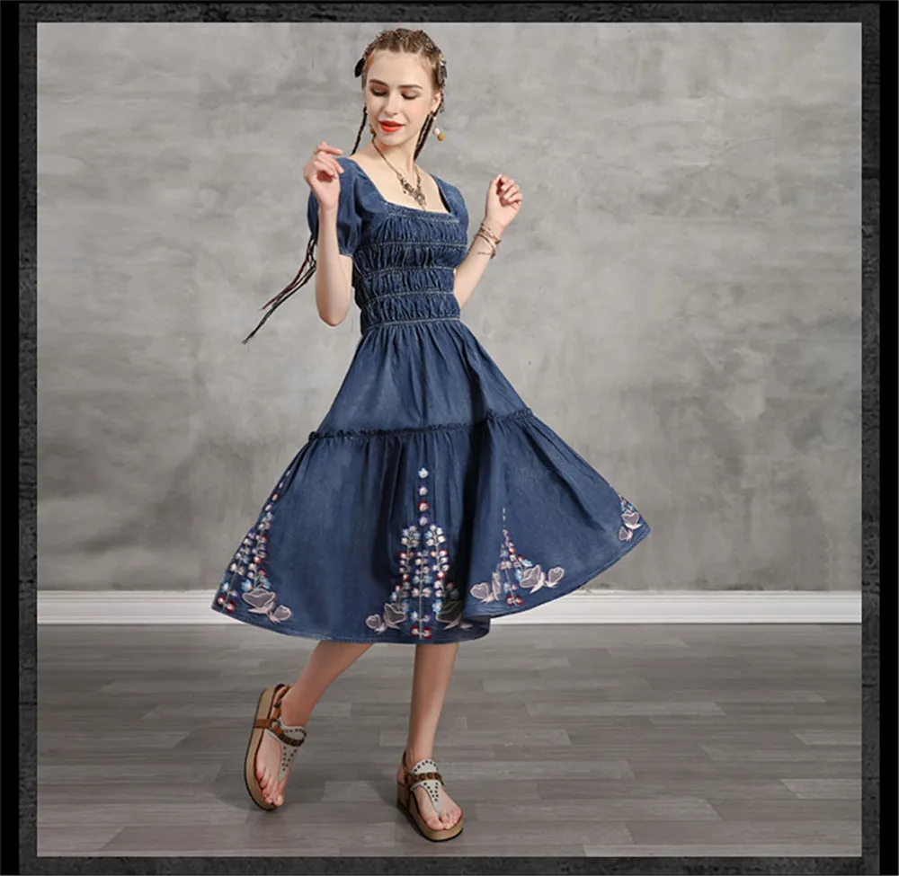 Summer Denim Dress 2020 Vintage Women Square Collar Dresses Short Sleeve Embroidery Elastic Waist Vestidos K82237 Girl's DRESS (7)