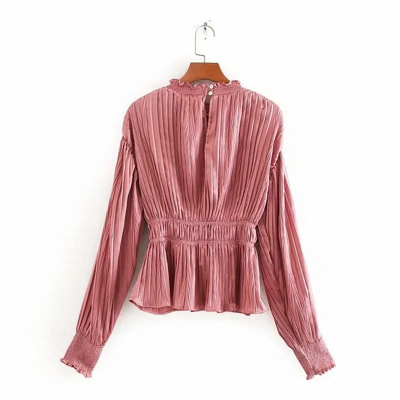  Women stylish solid color casual slim pleated smock blouse office ladies long sleeve shirts chic ag