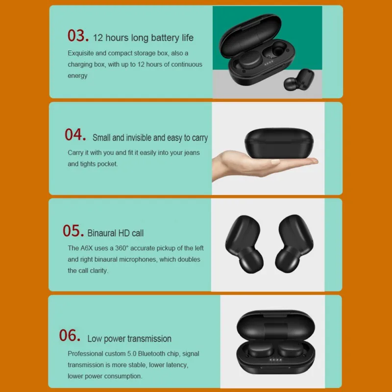A6X TWS, настоящие беспроводные наушники Bluetooth 5,0, сенсорный стереонаушник с функцией распознавания отпечатков пальцев, игровая гарнитура с шумоподавлением для iPhone, Xiaomi