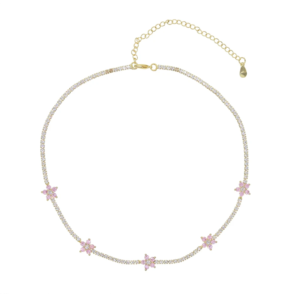Романтическая тонкая теннисная цепочка с фианитами, Пастельная красочная подвеска в виде цветка маргаритки для женщин и девочек, элегантный нежный браслет, ожерелье, ювелирный набор - Окраска металла: pink necklace