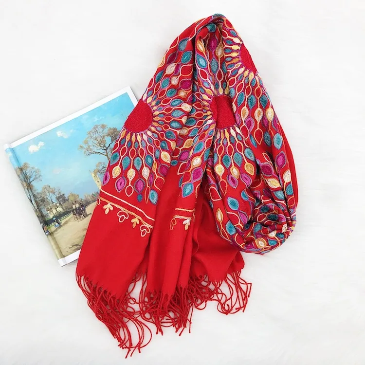 Online Luxus Dicken Winter Schal Frauen Warme Kaschmir Sunflower stickerei Sonne blume Quaste Schal Wrap Decke Hijab Schal Pashmina