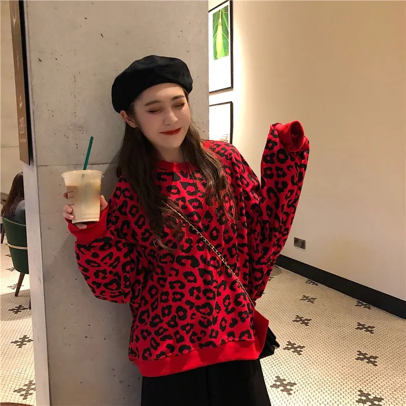 

Korean Fall Casual Leopard Print Hoodies Kawaii Loose Lantern Sleeve Pullovers Streetwear Female O Neck Oversize Sweatshirt