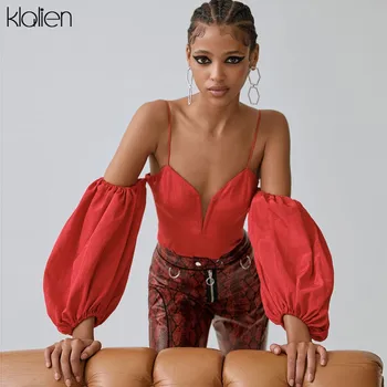 

KLALIEN sexy V-Neck off shoulder Strapless lantern Sleeve shirt fashion trend new year party shirts spring summer 2020 new style