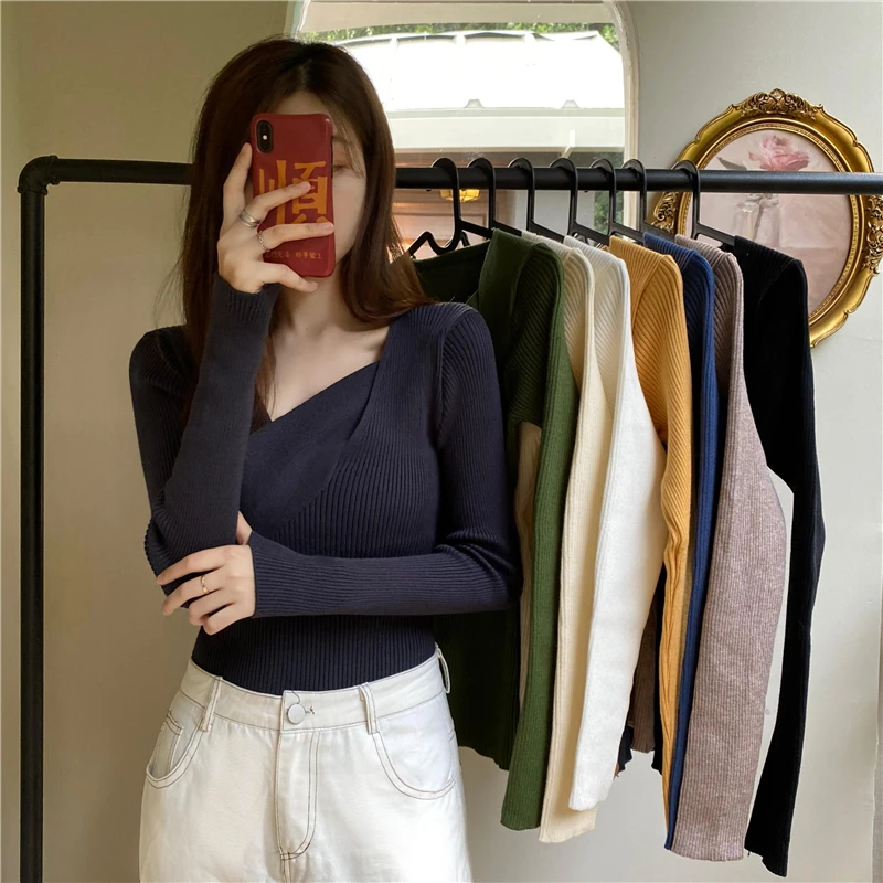 

ZHUNUAN 2020 autumn winter tight fashion sexy chic v-neck Irregular cropping thin female Women's sweater tops jumper sweatshirt