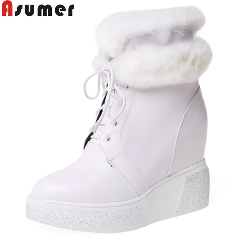 

ASUMER size 34-40 ankle boots women round toe lace up genuine leather boots platform Internal elevation ladies winer snow boots