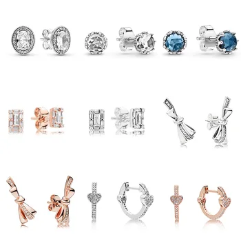 

Authentic 925 Sterling Silver Earrings Diy Bowknot Blue Cz Rose Gold Earring For Women Wedding Party Pandora Jewelry